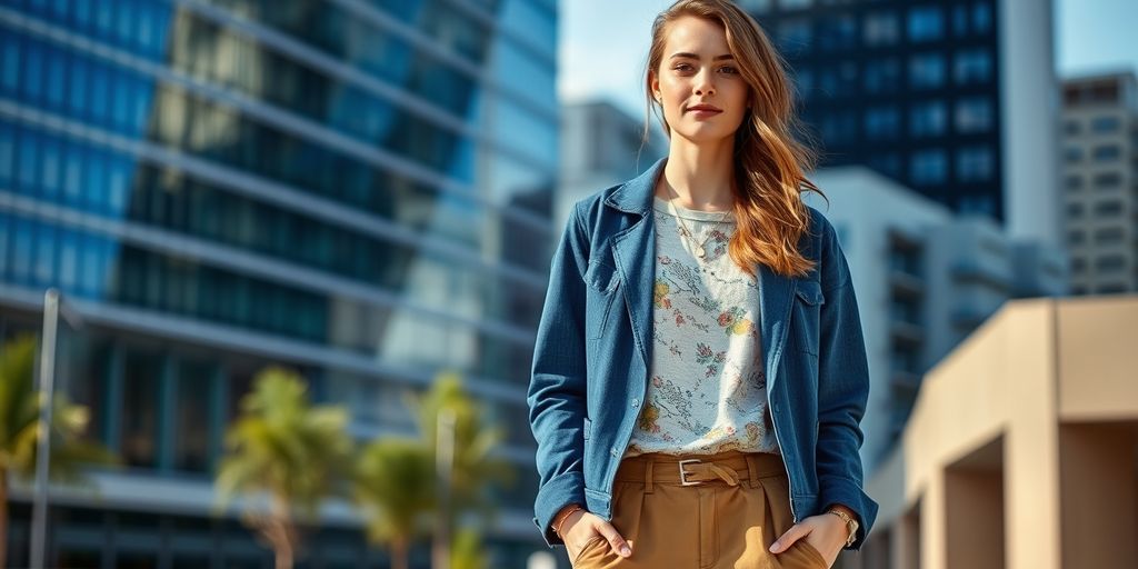 Woman in eco-friendly outfit in urban setting