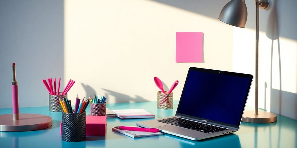 Stylish workspace with laptop and trendy accessories.